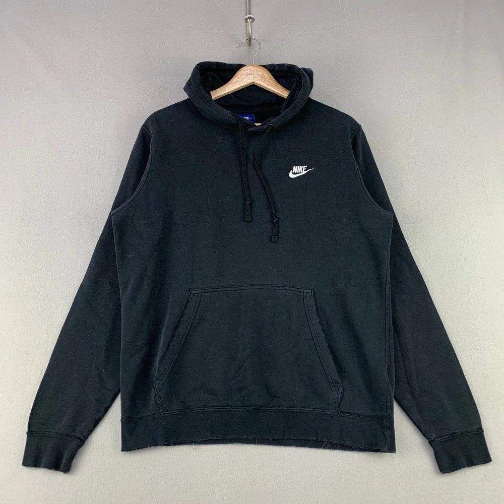 Nike Sportswear Club Fleece Hoodie Men Medium Black Faded Retro Logo Distressed